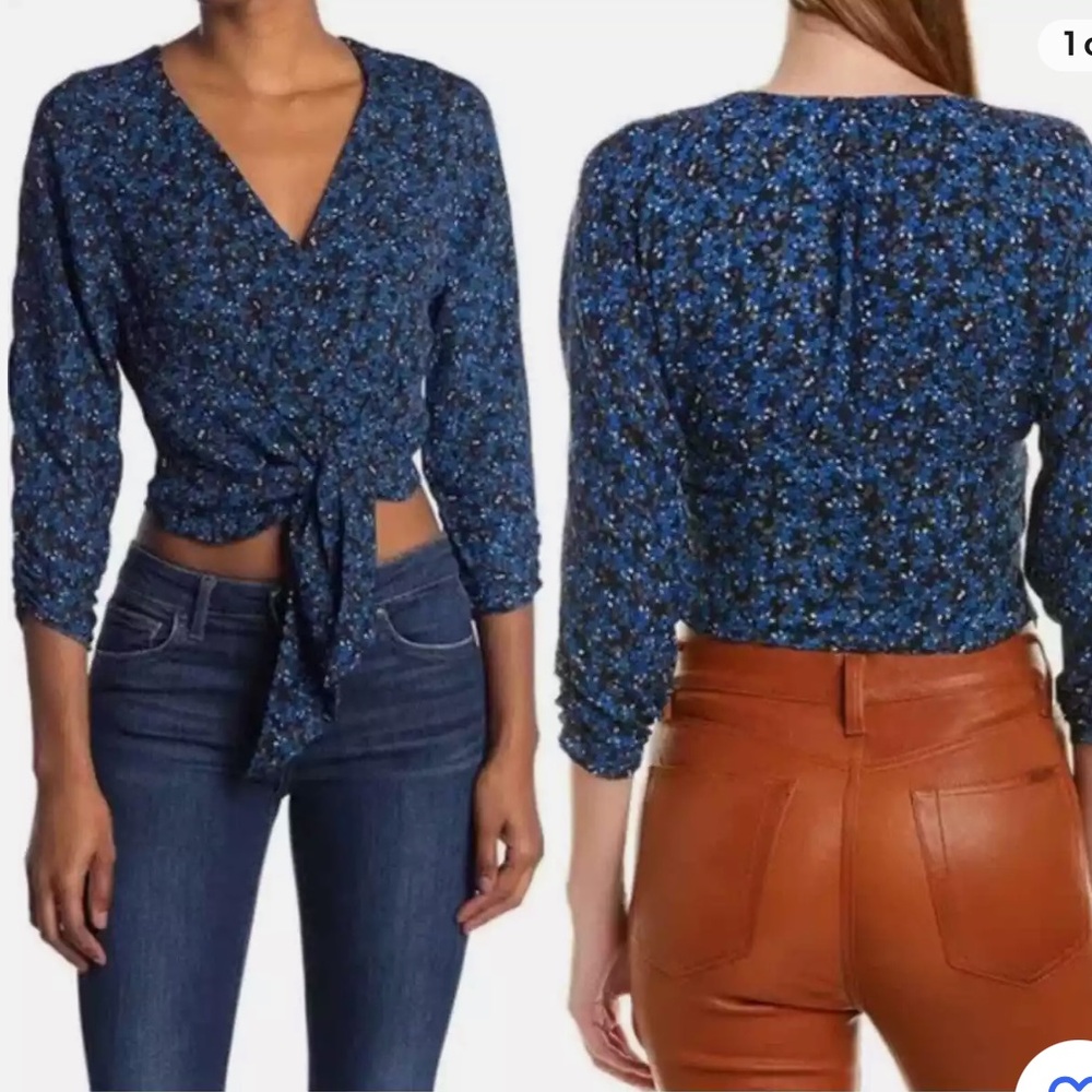 NWOT Parker Women Top Jasmine Black Blue Floral Tie-Front Blouse Size S